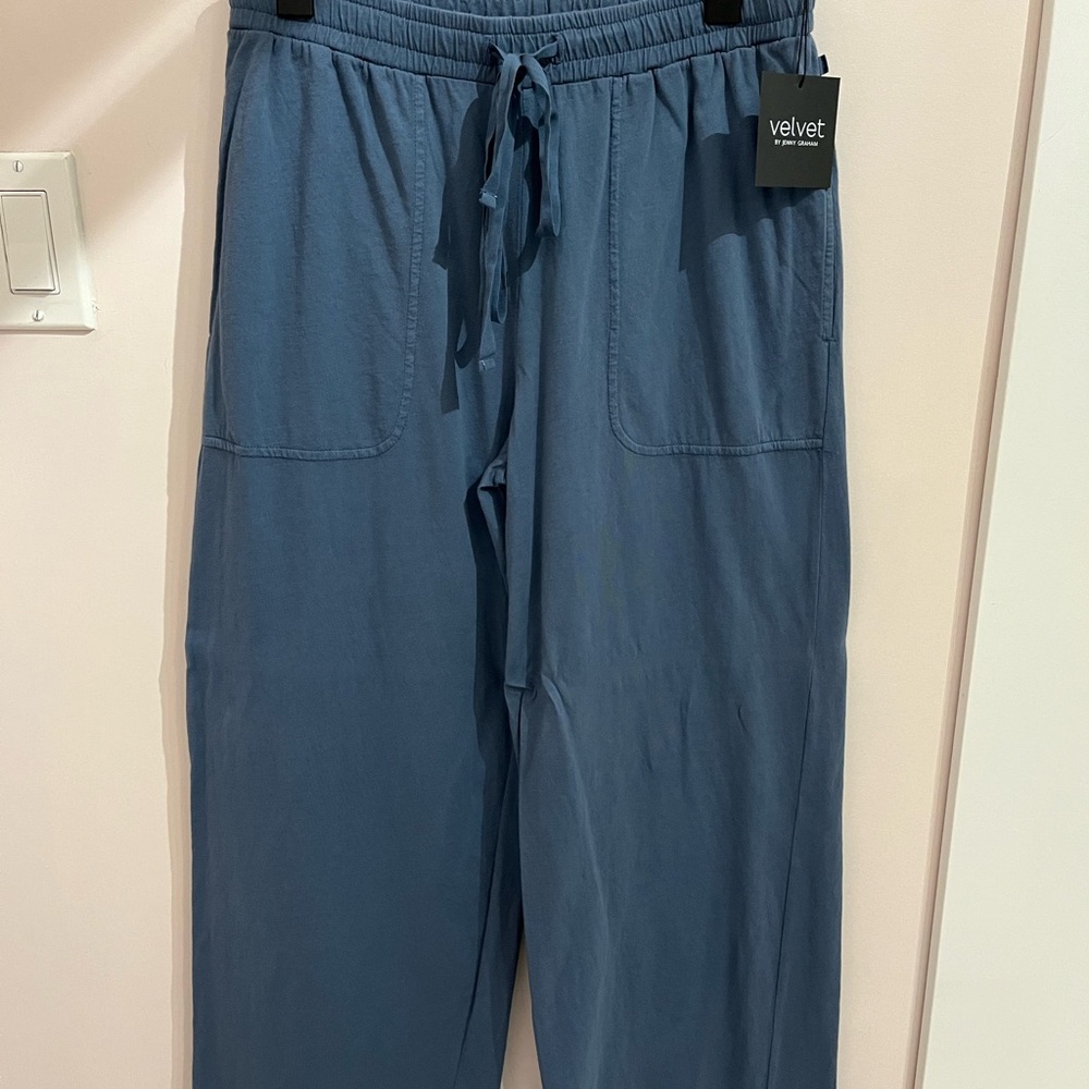 Mid Blue Wide Leg Tee Shirt Cotton Pants Velvet by Jenny Graham
